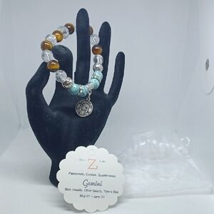Gemini Zodiac Charm Bracelet with Precious Stones On A 6.5" Stretch Band
